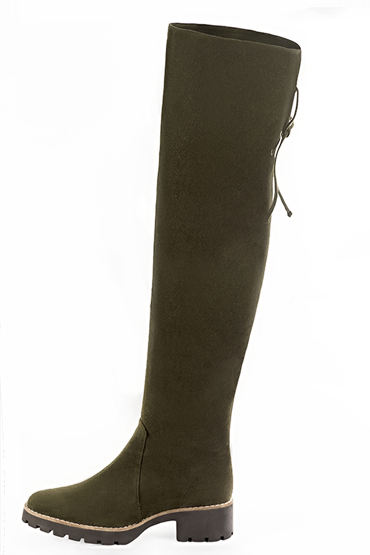 Khaki green women's leather thigh-high boots. Round toe. Low rubber soles. Made to measure. Profile view - Florence KOOIJMAN